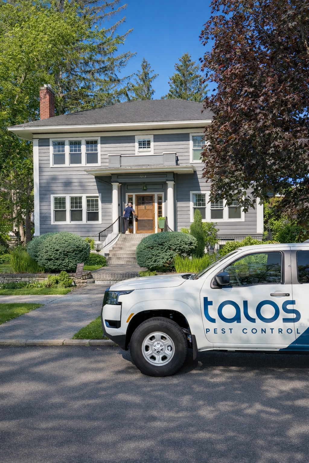 Talos Pest Control technician at residential home with branded truck